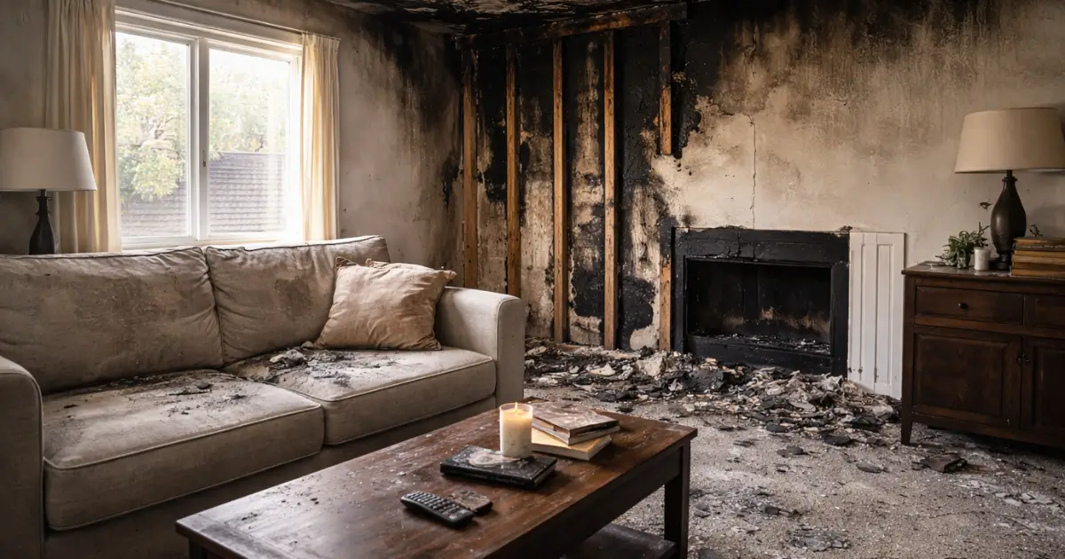 Fire damage inside a residential living room showing charred wall framing, soot-stained ceiling, and smoke damage after a house fire